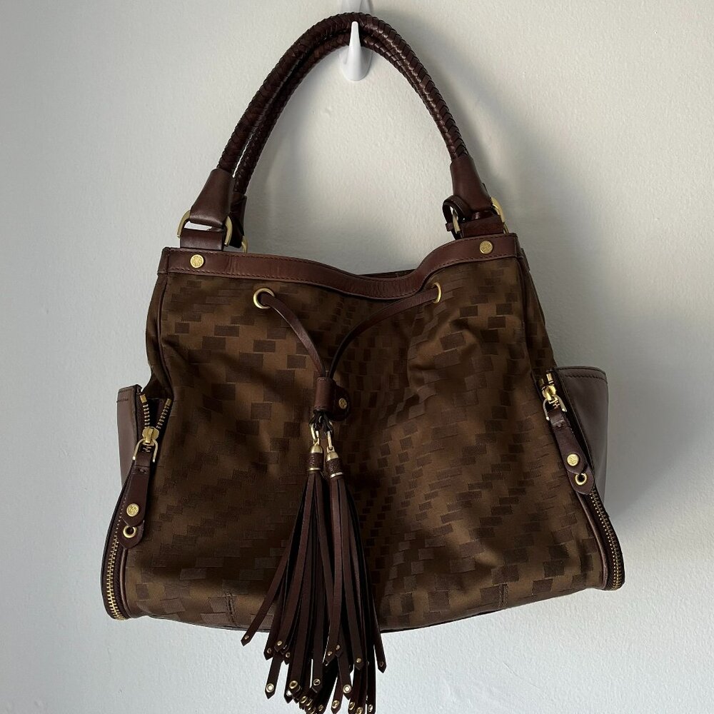Cole Haan Denney Satchel Fabric and Leather Brown Tasseled #B25782 Pockets